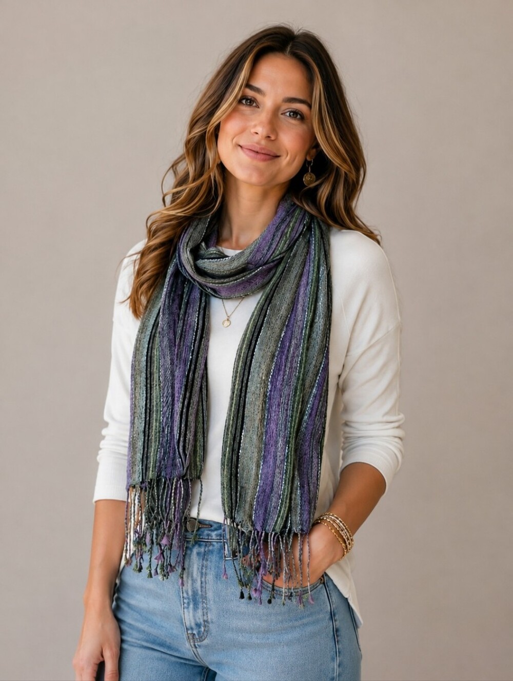 Colorful Scarf /Wrap with Braided Tassels
